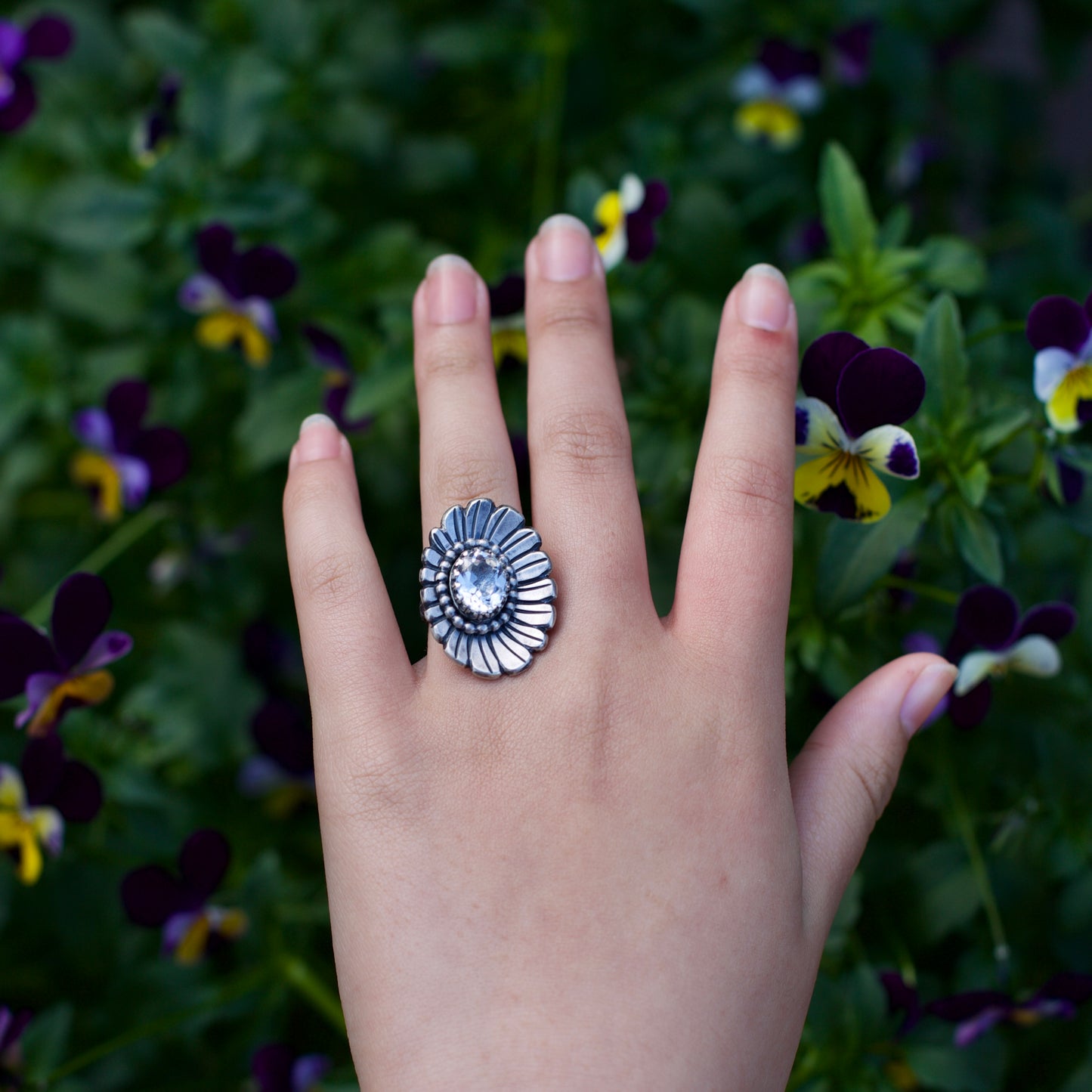 Natural Clear Quartz Sterling Silver Daisy Ring - Nina