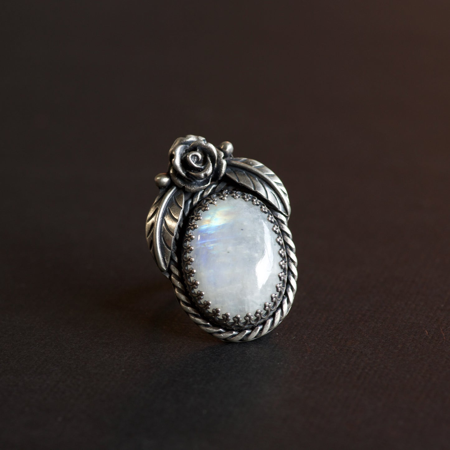 Rainbow Moonstone Sterling Silver Rose Ring  - Ria