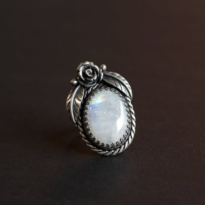 Rainbow Moonstone Sterling Silver Rose Ring  - Ria