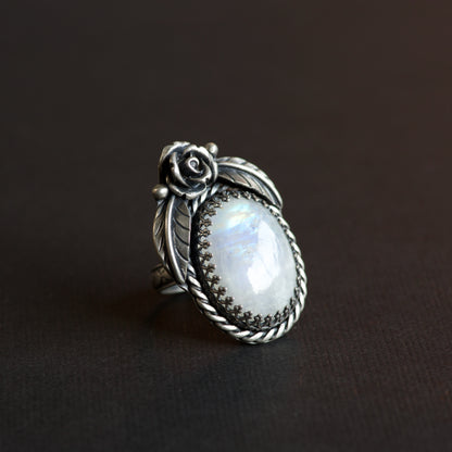 Rainbow Moonstone Sterling Silver Rose Ring  - Ria