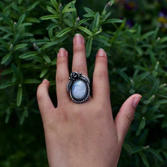 Rainbow Moonstone Rose Ring (Ria) Size: 8 or P 1/2